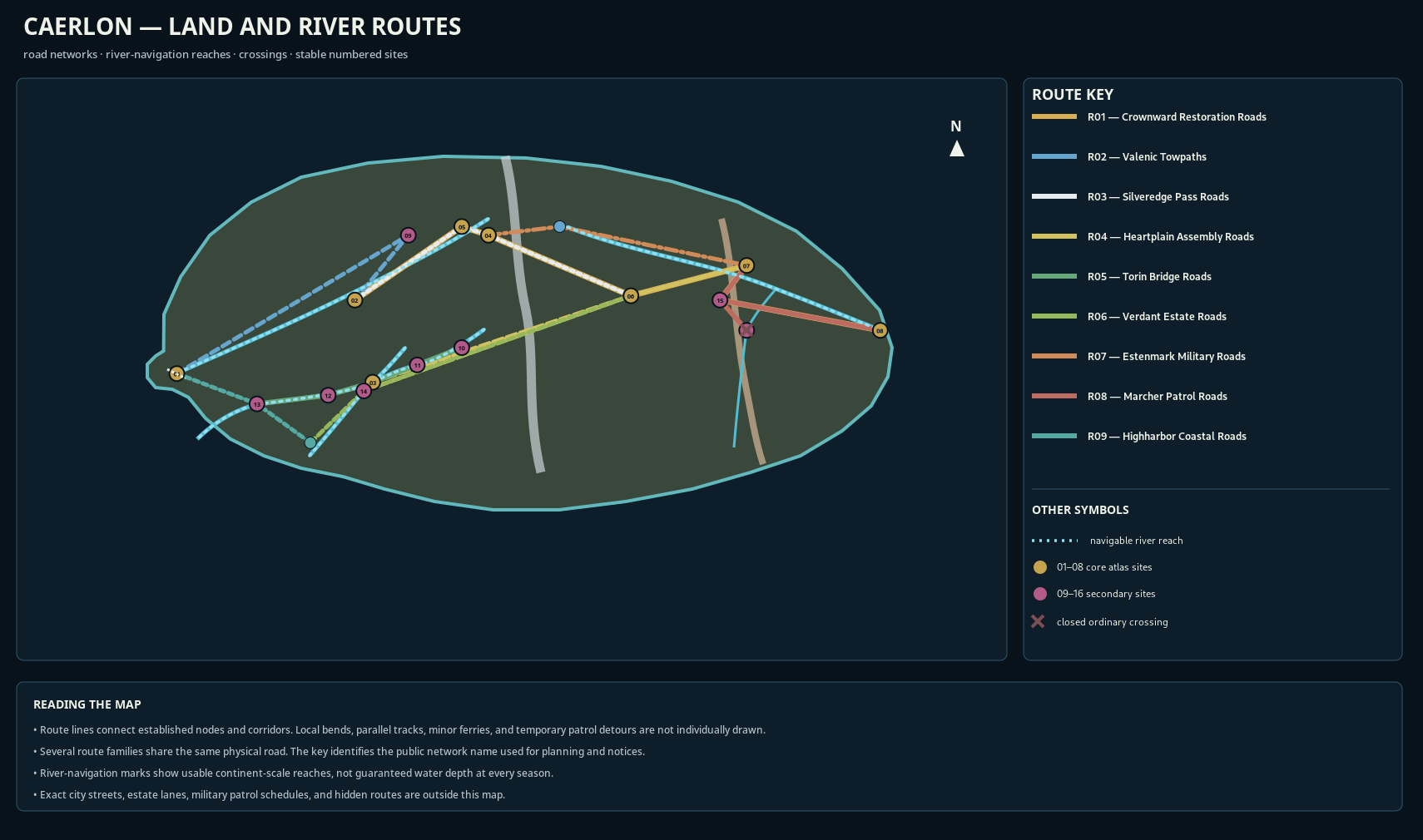 Map of Caerlon showing the primary land roads, river-navigation reaches, crossings, and sixteen numbered atlas sites.